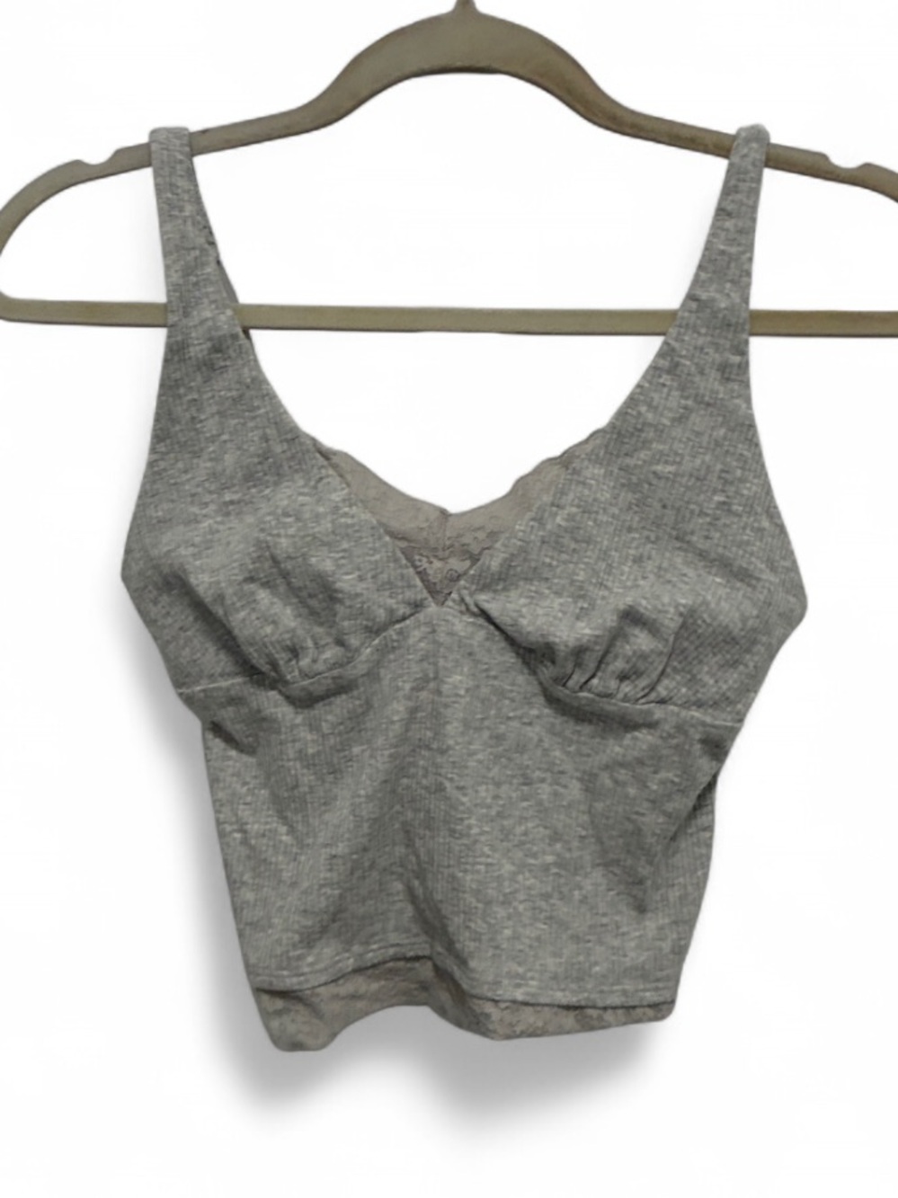 Aerie Super Chill Gray Ribbed Lace Trim Cropped Tank Top